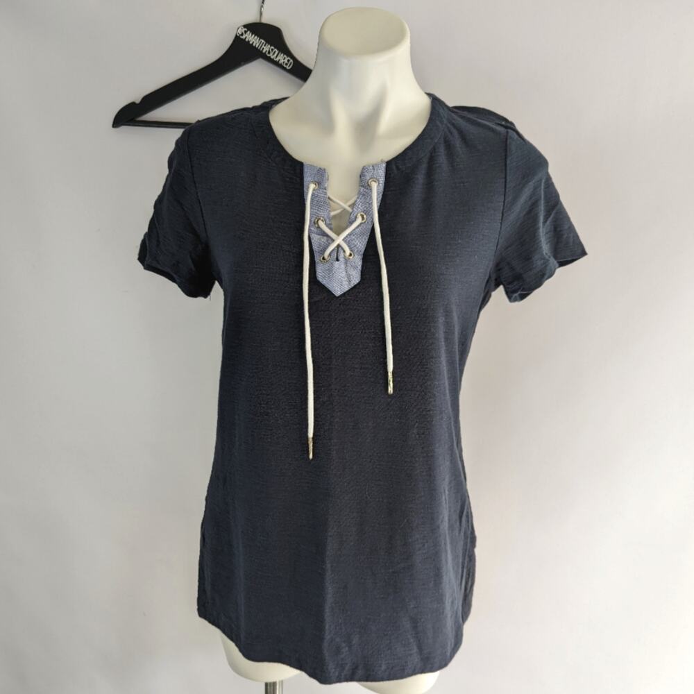Tommy Hilfiger Navy Blue Lace Front Slub Knit Tee shirt Sz Medium